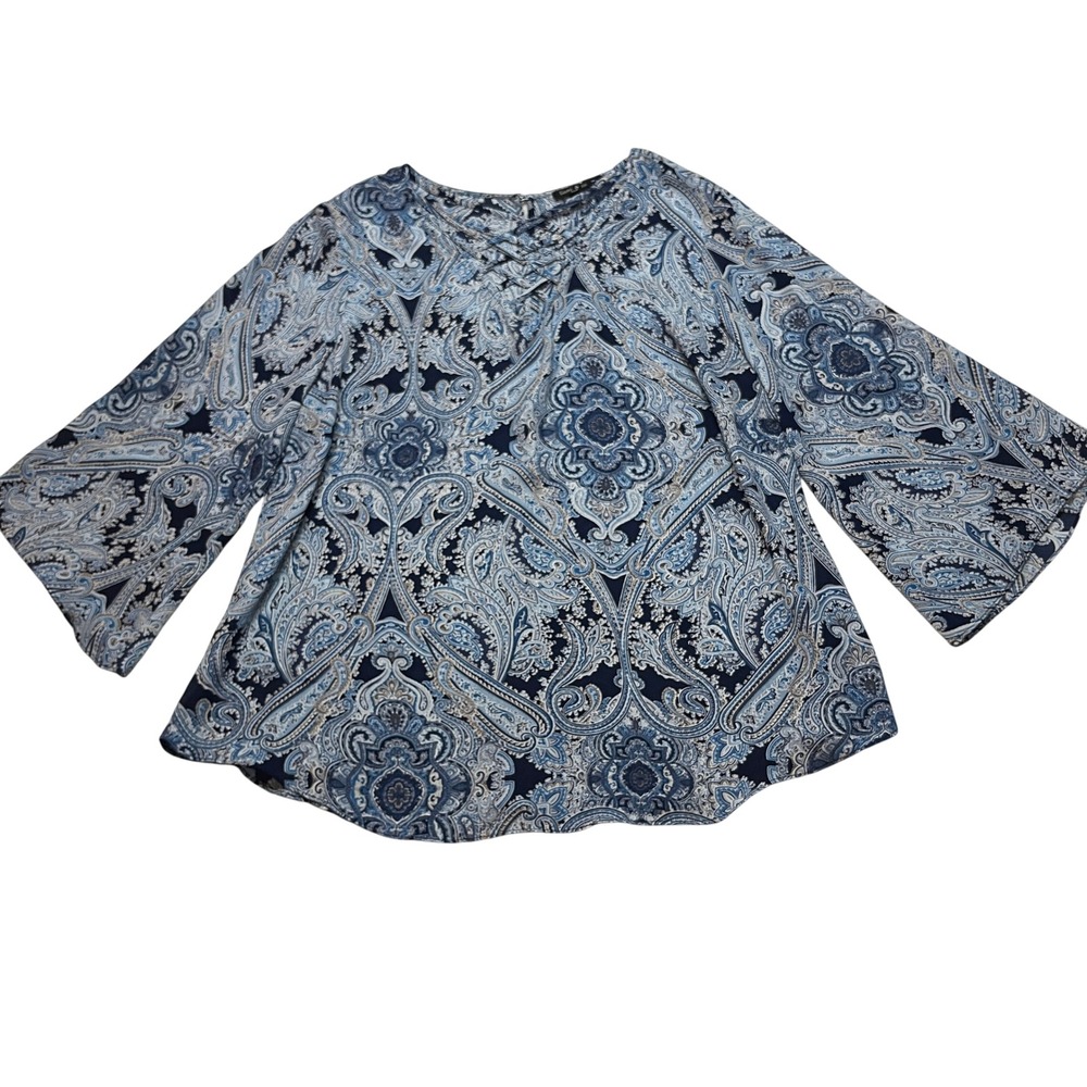 Sami & Jo Blouse Womens 1X Blue Paisley Lattice Neck Bell Sleeve Peasant Top